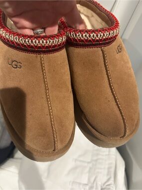 UGG Chestnut Suede Slip-On Ankle Booties with Red & Cream Trim